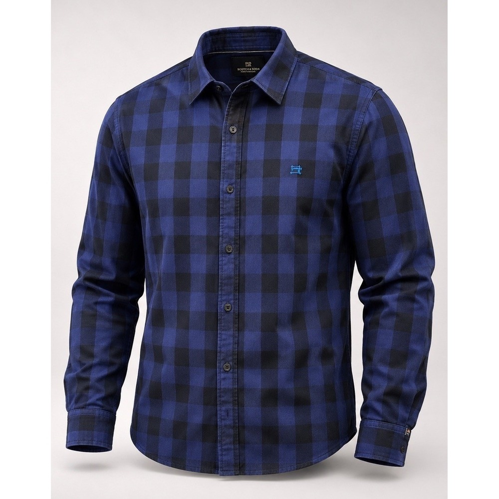 Scotch Soda Mens Shirt Large Regular Fit Stretch Cotton Blue Plaid Button Up